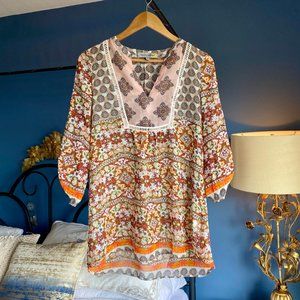 Multicoloured Boho Floral Print Sheer Tunic
